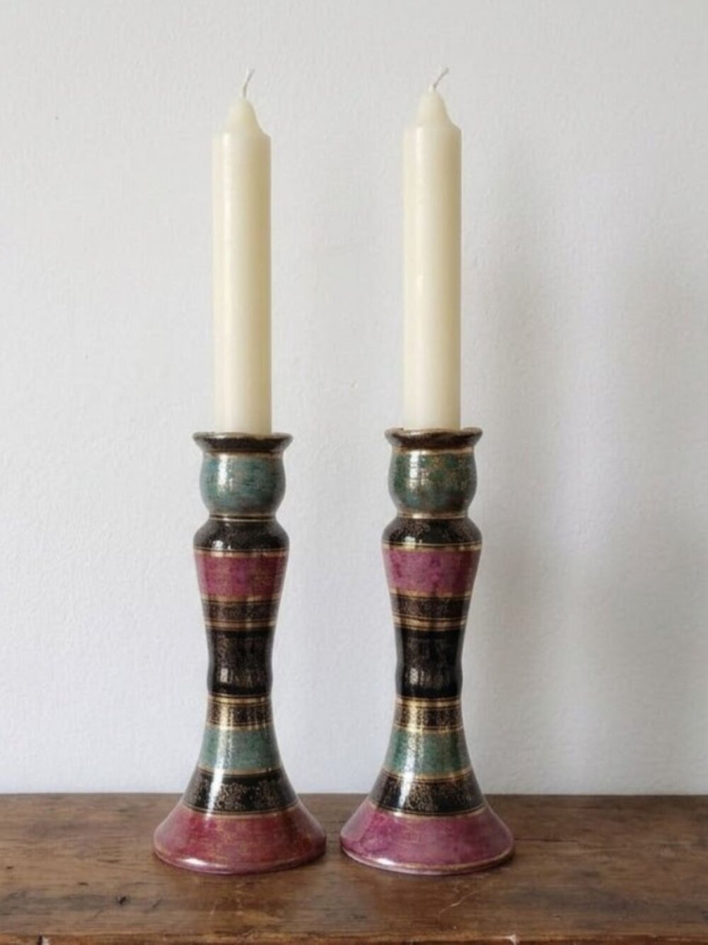 Vintage Porcelain Candlesticks Hand Painted Gold Trim Hollywood Regency 1990s